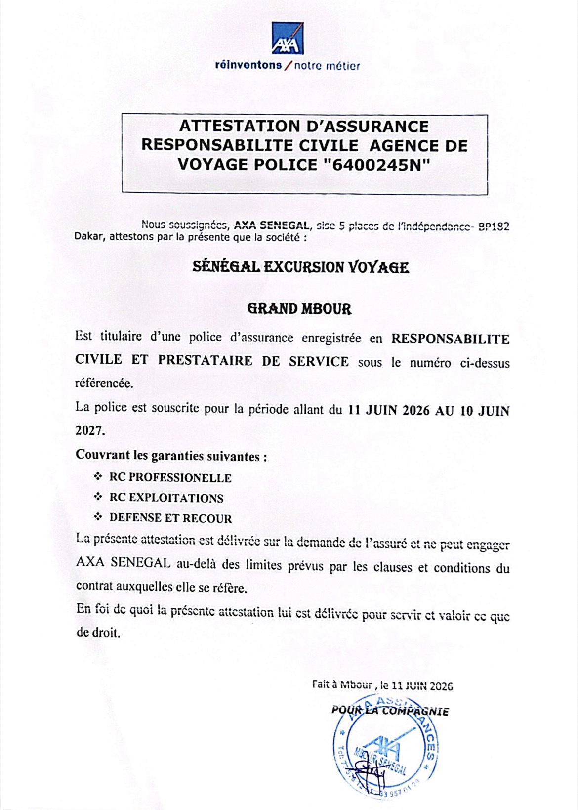 Attestation d'assurance AXA Sénégal — Police 6400245N